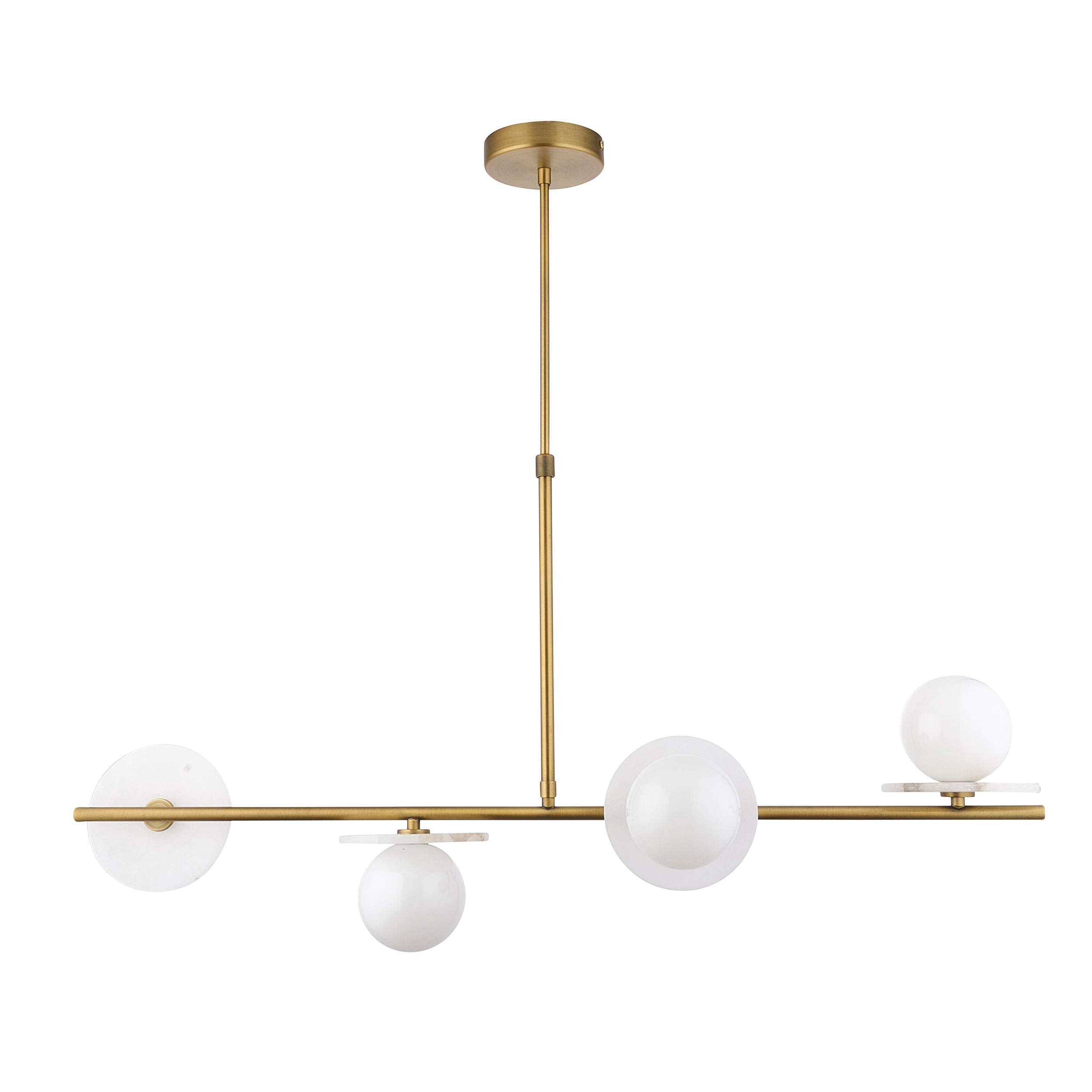 Endon Cerchio 4 Light Linear Pendant - Warm Antique Brass Plate, Alabaster Stone & Gloss White Glass