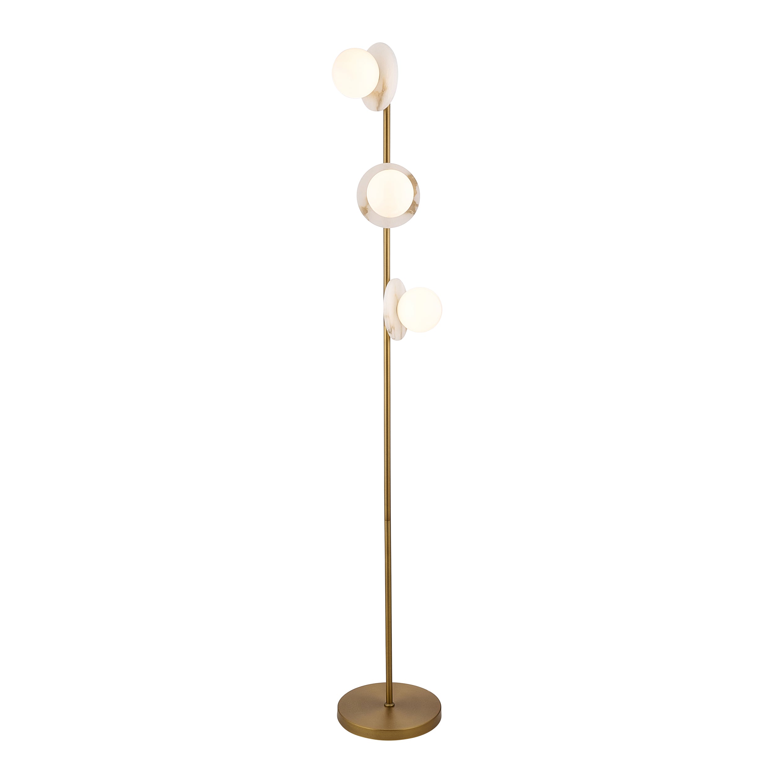Endon Cerchio 3 Light Floor Lamp - Warm Antique Brass Plate, Alabaster Stone & Gloss White Glass