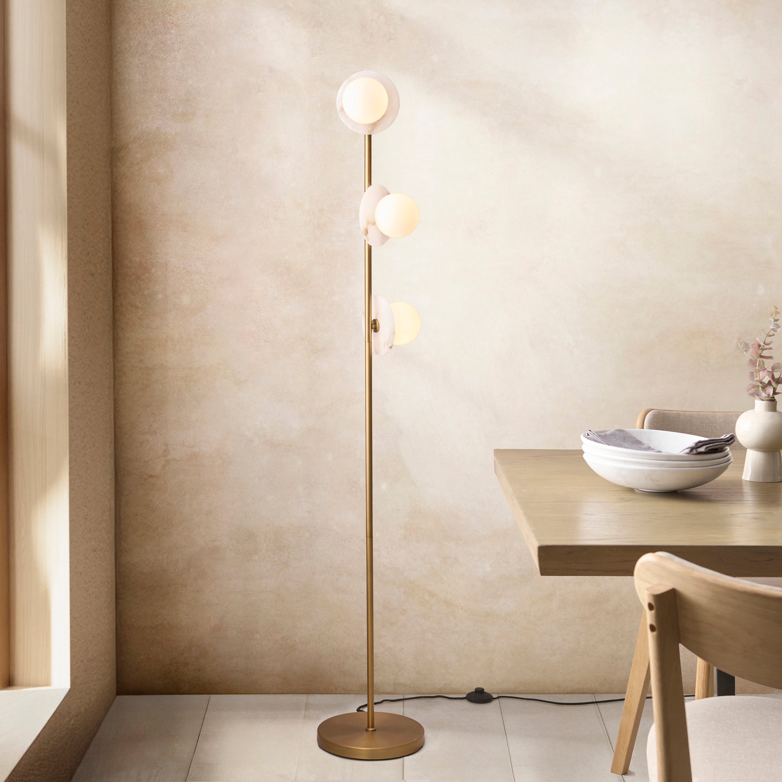 Endon Cerchio 3 Light Floor Lamp - Warm Antique Brass Plate, Alabaster Stone & Gloss White Glass