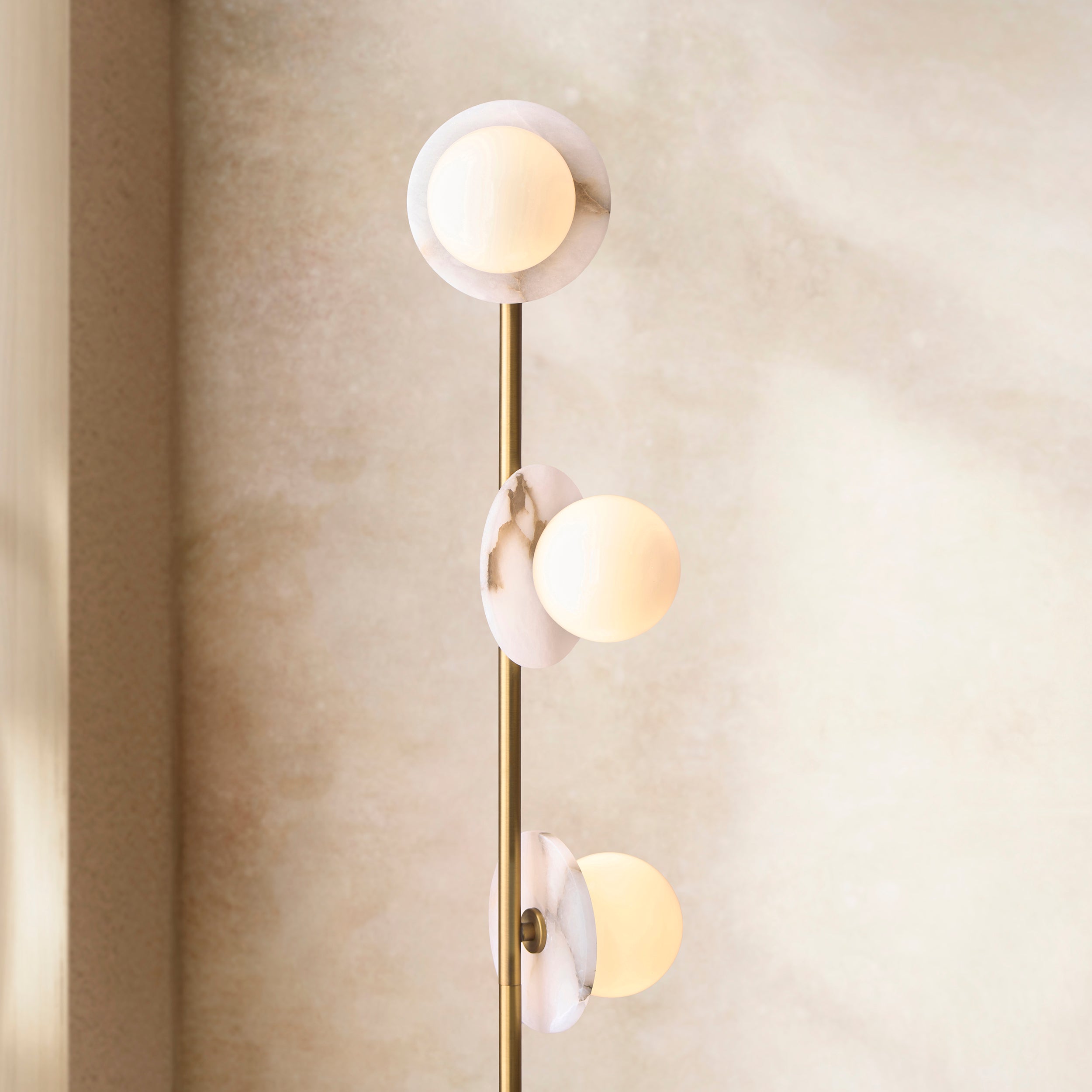Endon Cerchio 3 Light Floor Lamp - Warm Antique Brass Plate, Alabaster Stone & Gloss White Glass