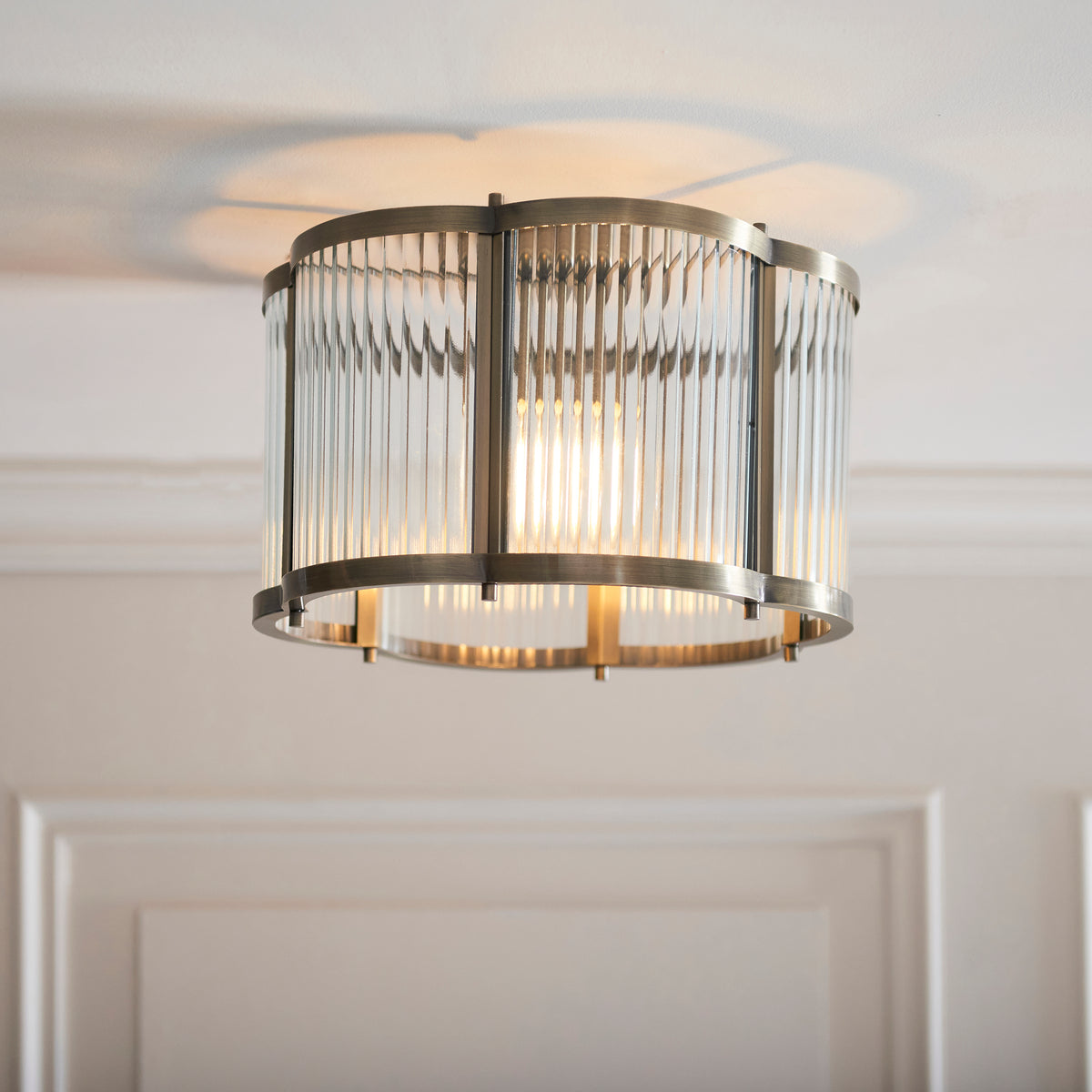 Endon Ridgeton Scallop Flush - Antique Brass Plate & Clear Ribbed Glass