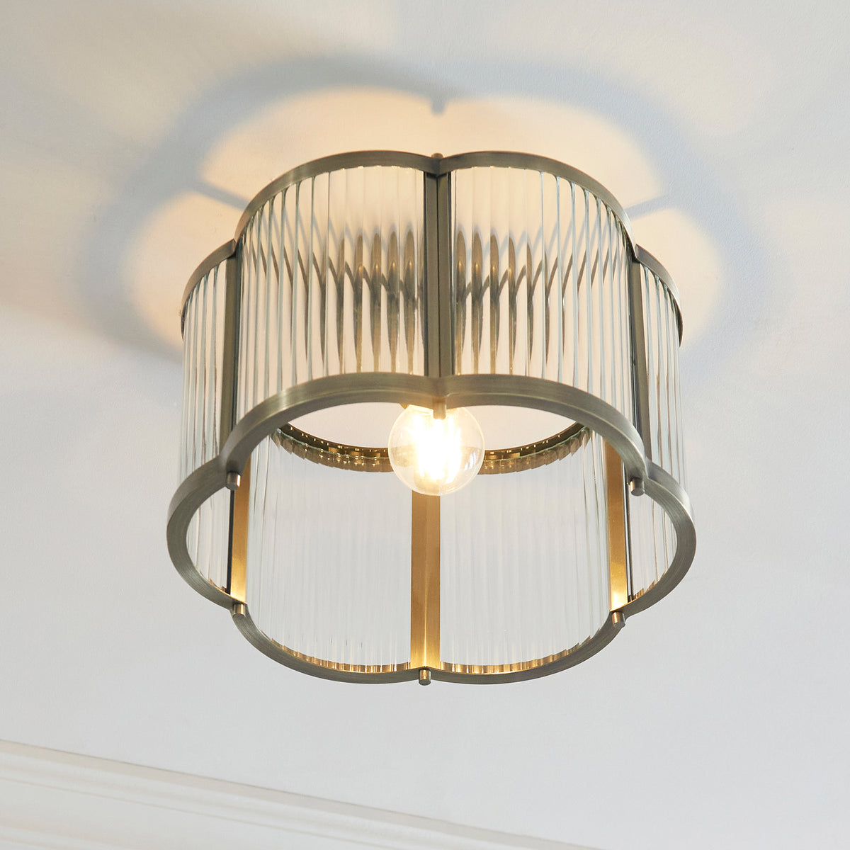 Endon Ridgeton Scallop Flush - Antique Brass Plate & Clear Ribbed Glass