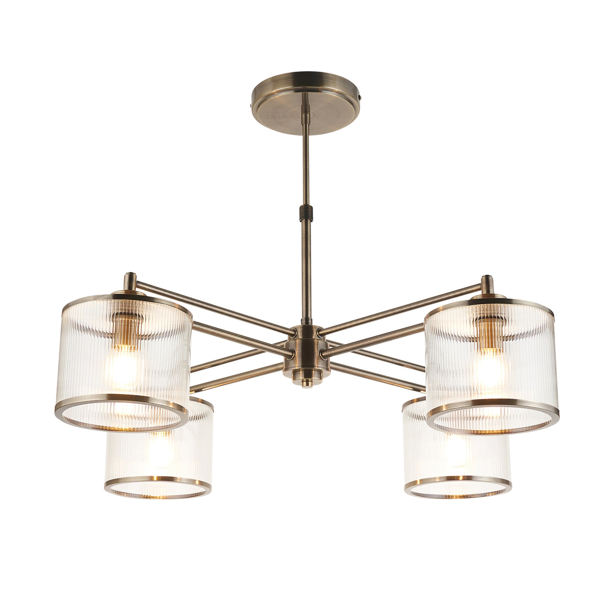 Endon Ridgeton 4 Light Pendant - Antique Brass Plate & Clear Ribbed Glass