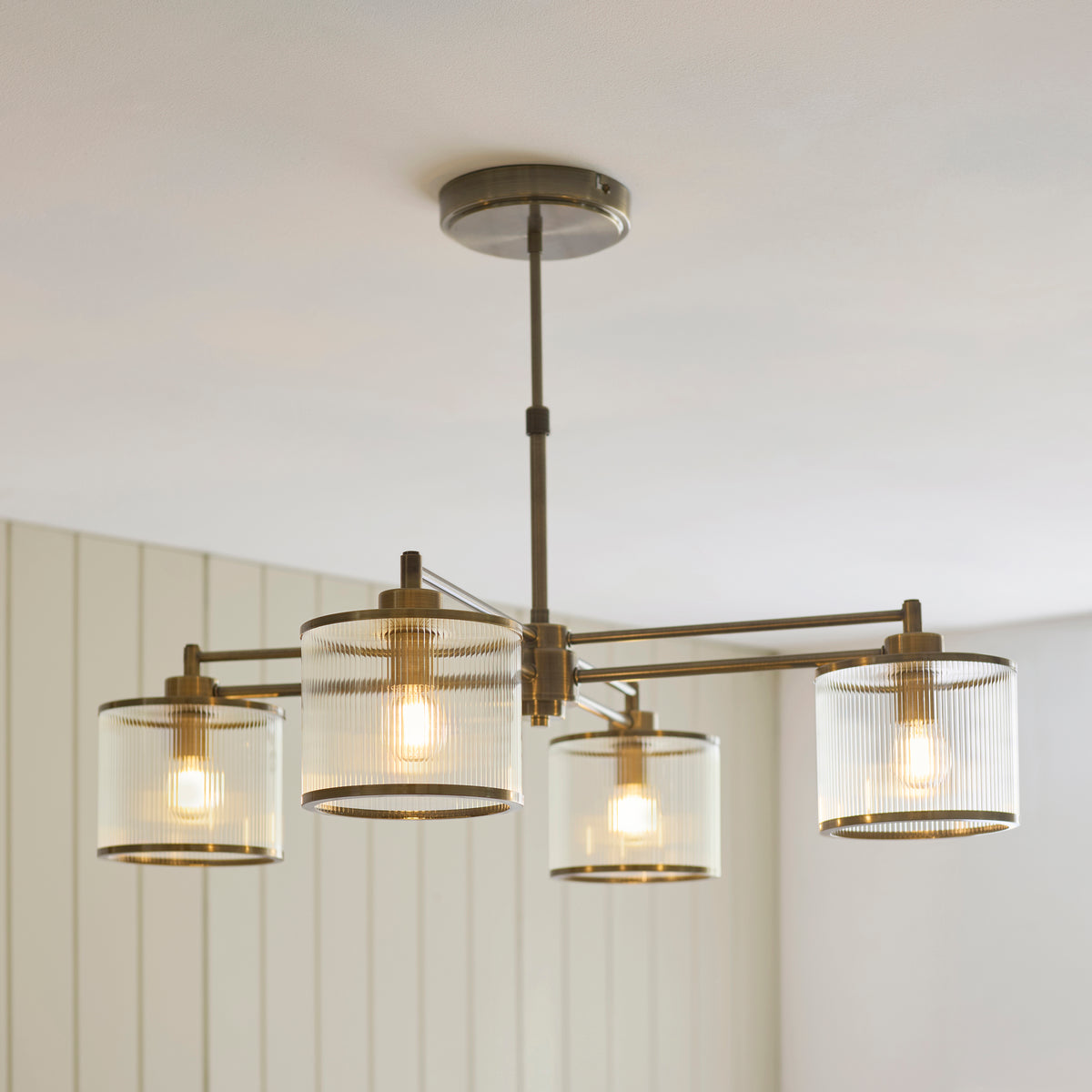 Endon Ridgeton 4 Light Pendant - Antique Brass Plate & Clear Ribbed Glass