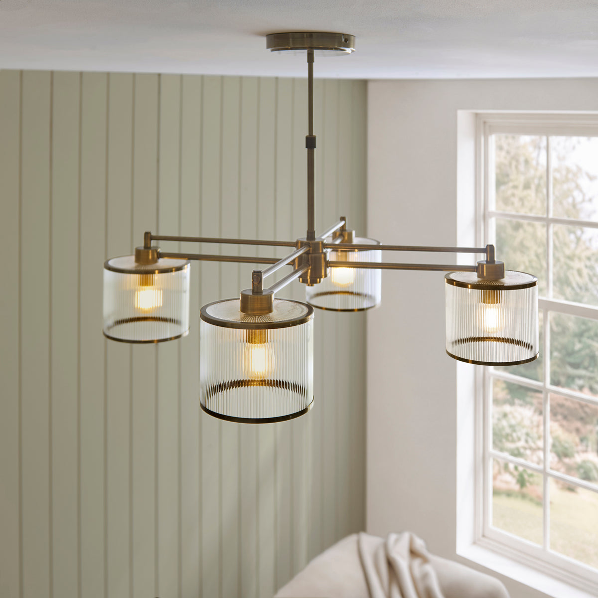 Endon Ridgeton 4 Light Pendant - Antique Brass Plate & Clear Ribbed Glass