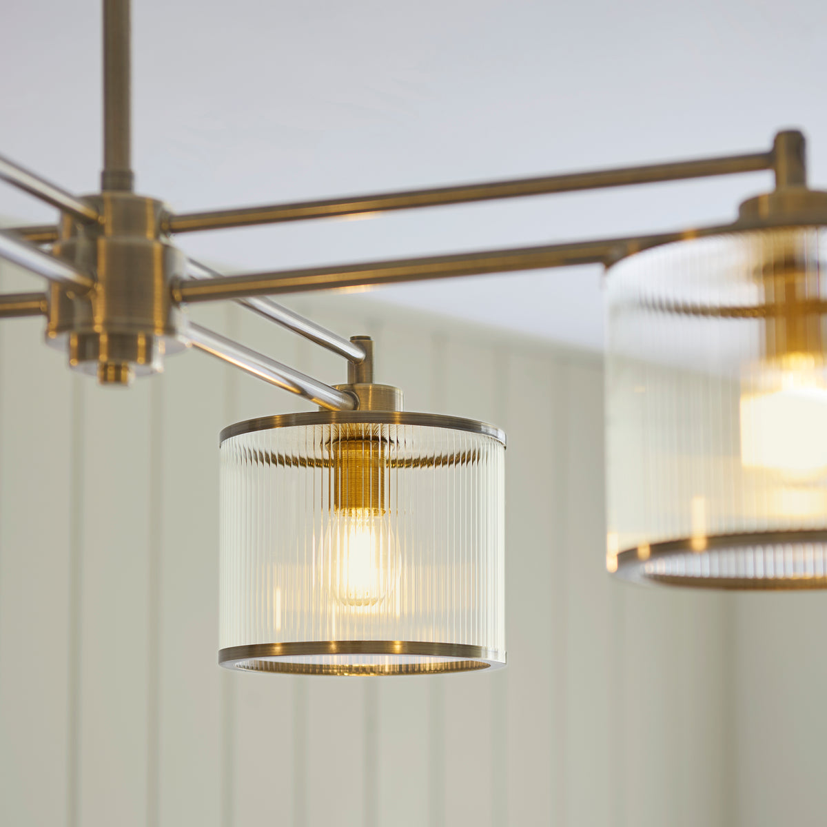 Endon Ridgeton 4 Light Pendant - Antique Brass Plate & Clear Ribbed Glass