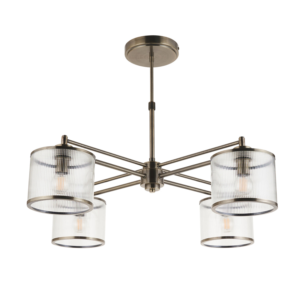 Endon Ridgeton 4 Light Pendant - Antique Brass Plate & Clear Ribbed Glass