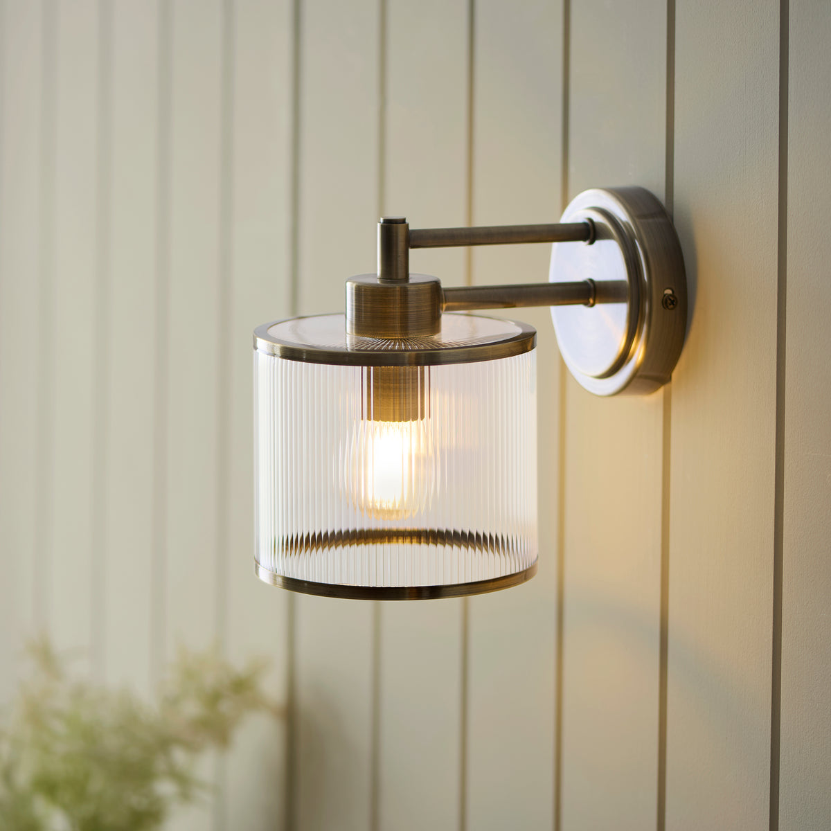 Endon Ridgeton Wall Light - Antique Brass Plate & Clear Ribbed Glass