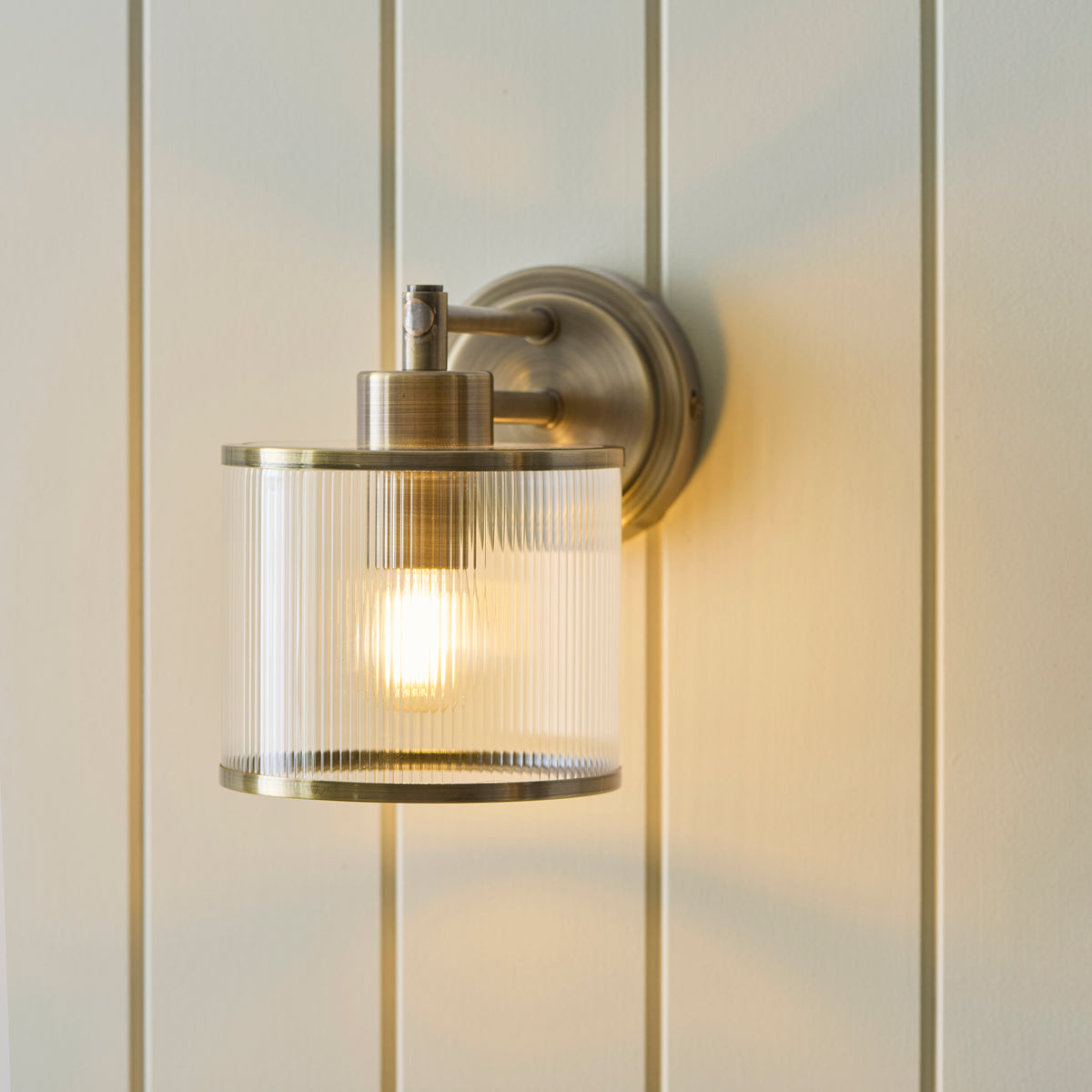 Endon Ridgeton Wall Light - Antique Brass Plate & Clear Ribbed Glass