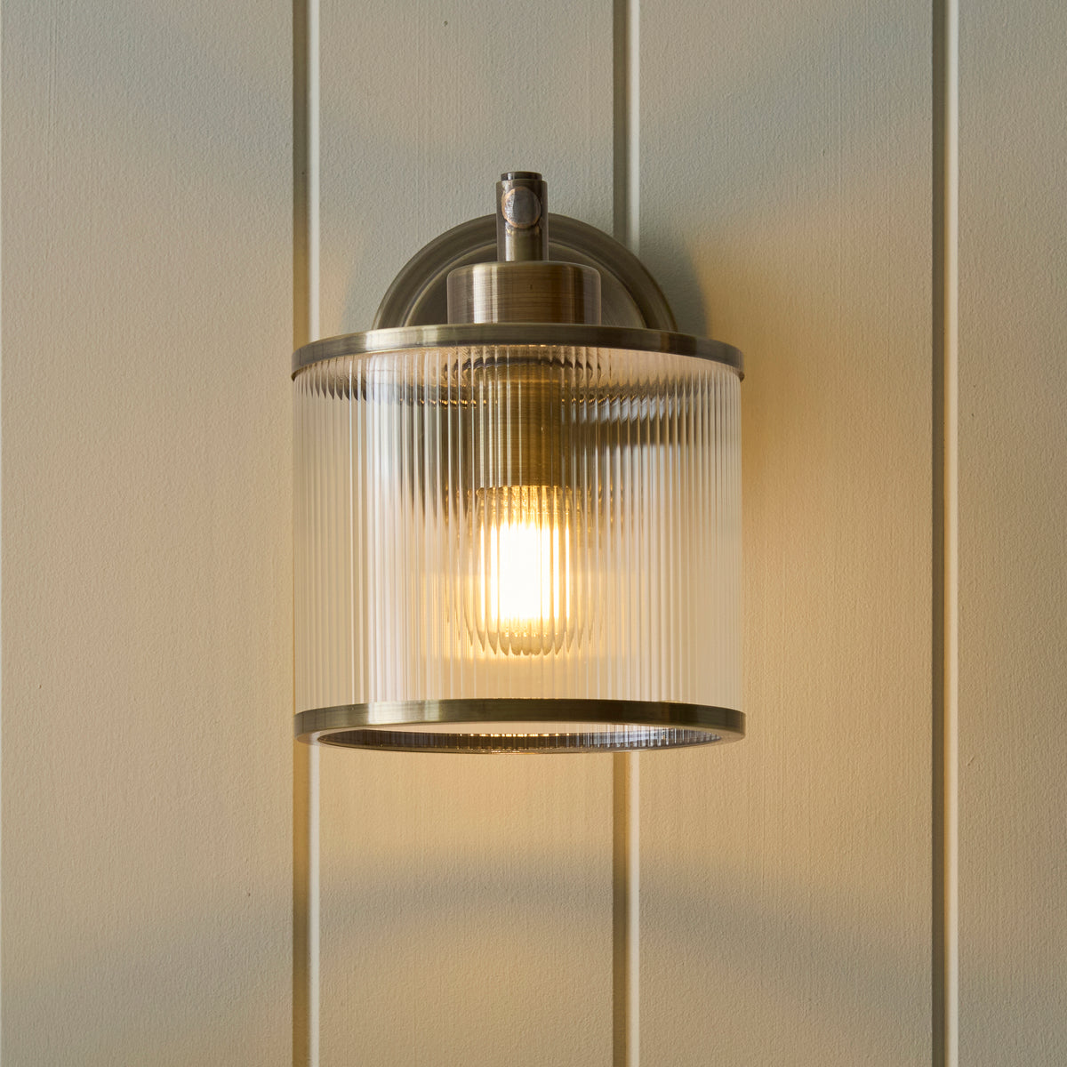 Endon Ridgeton Wall Light - Antique Brass Plate & Clear Ribbed Glass