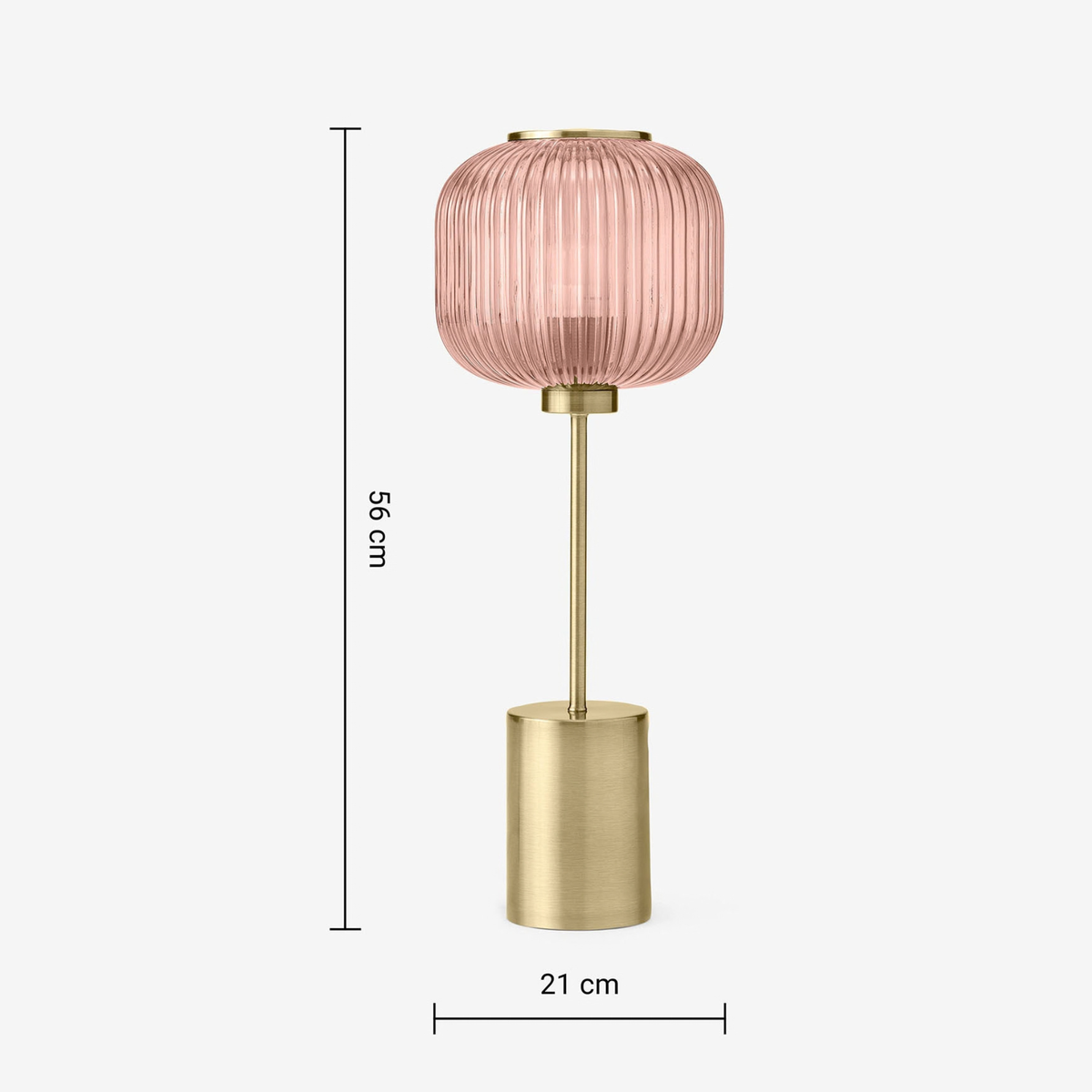 MADE Briz large table lamp in antique brass with pink glass shade, dimensions diagram 56 by 21 cm