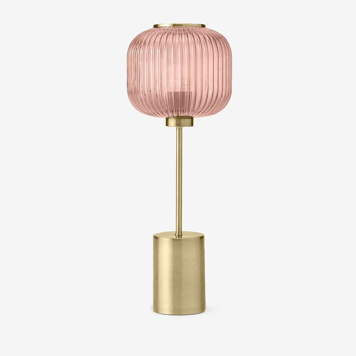 MADE Briz large table lamp in antique brass with ribbed pink glass shade, studio shot from the front