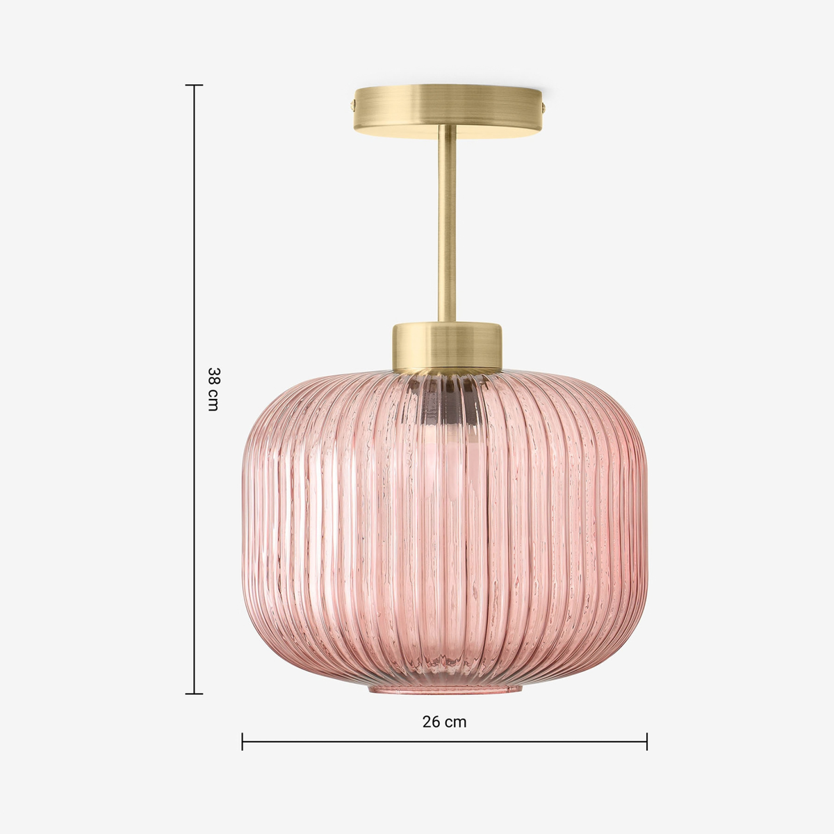 MADE Briz flush ceiling light with pink ribbed glass shade, dimensions diagram 38 by 26 cm