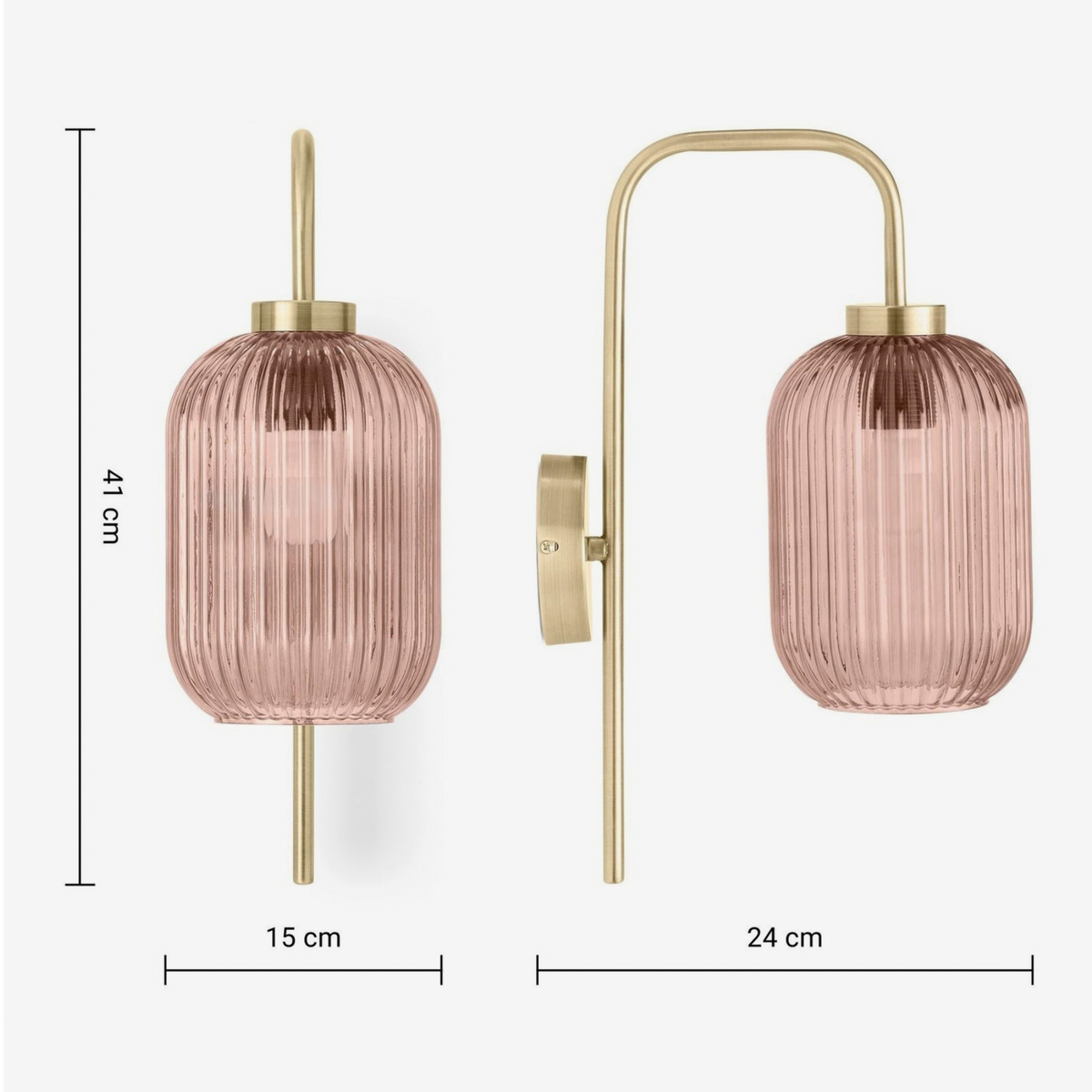 MADE Briz wall light in brushed brass with pink glass shade, dimensions diagram 41 by 24 by 15 cm