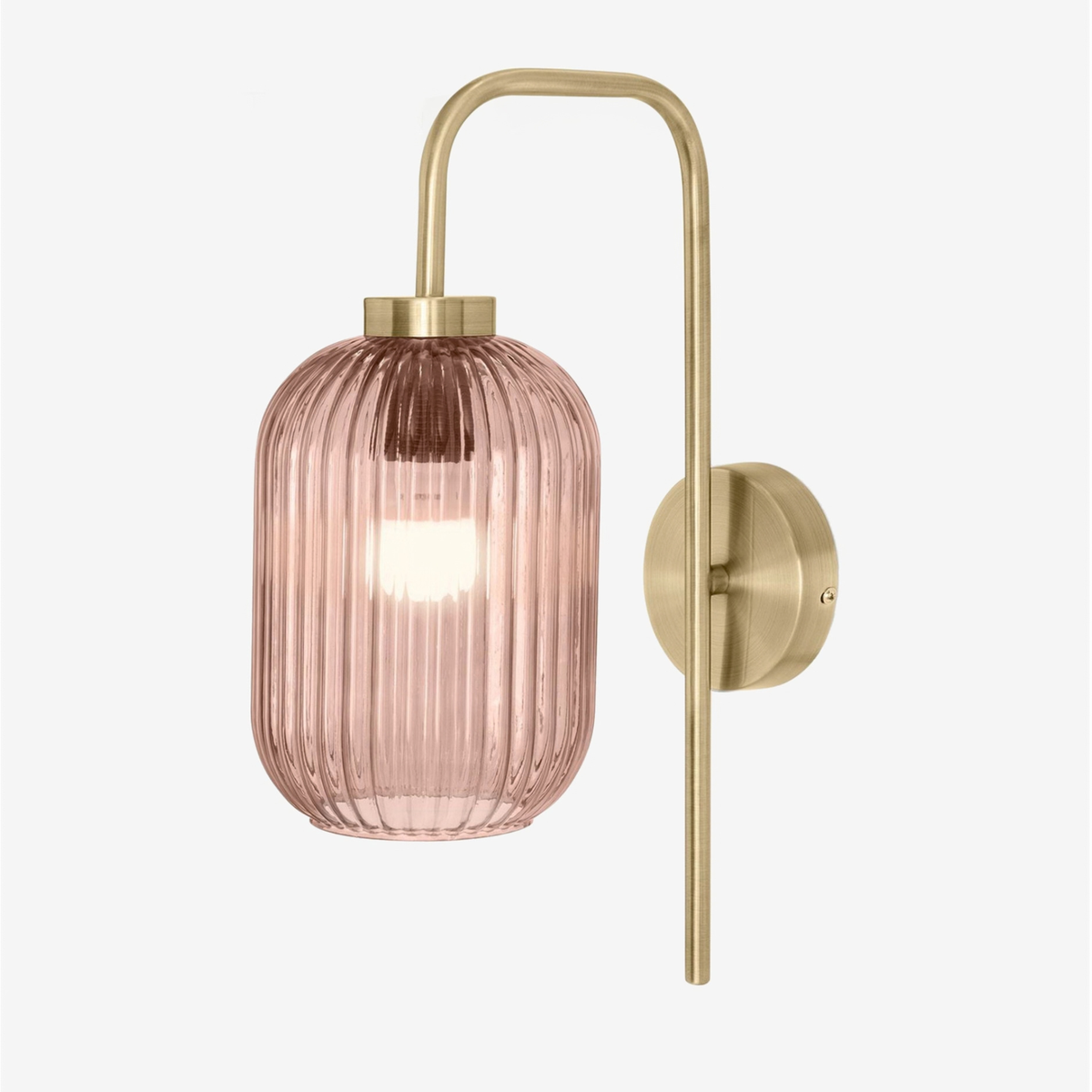MADE Briz wall light in brushed brass with ribbed pink glass shade, studio shot from the front