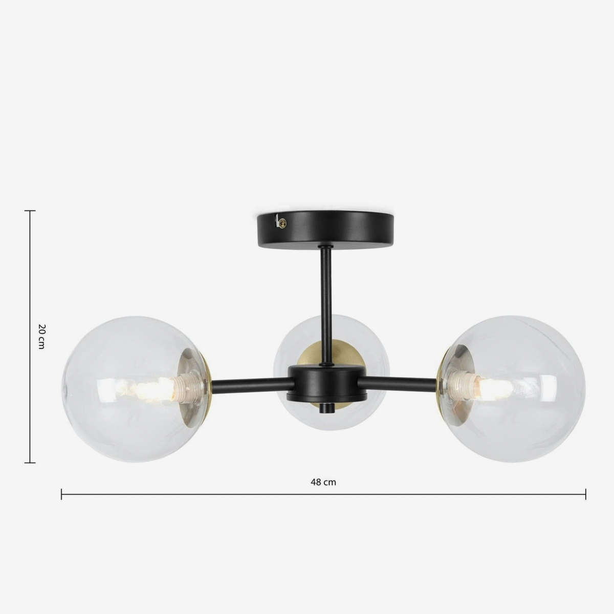 MADE Globe 3 light flush ceiling light, dimensions diagram 20 by 48 cm