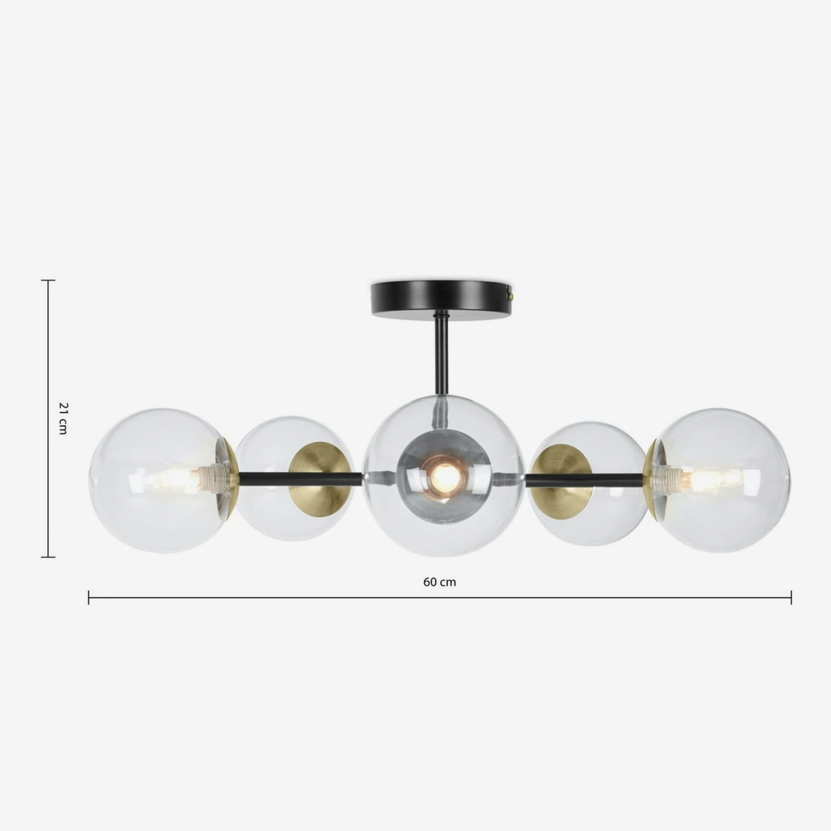 MADE.COM Globe 5 light flush ceiling light, dimensions diagram 21 by 60 cm