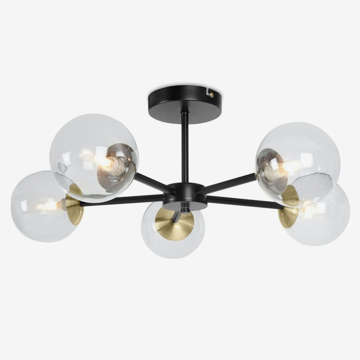 MADE.COM Globe 5 light flush ceiling light in matt black with clear glass globes, studio shot