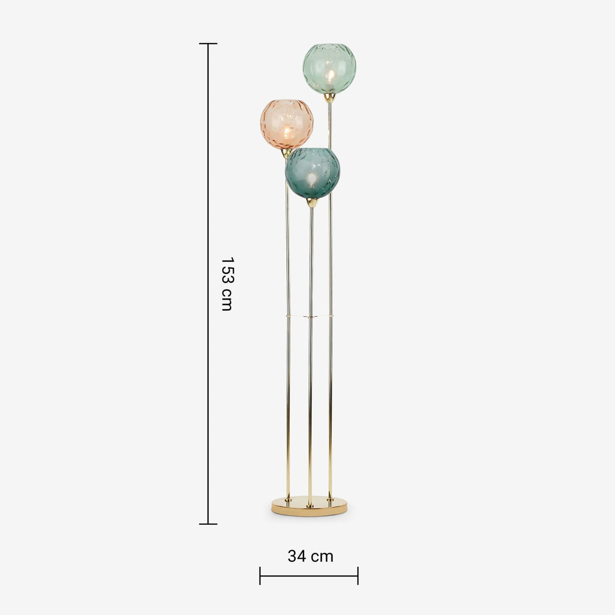 MADE Ilaria floor lamp in polished brass, dimensions diagram 153 cm tall, 34 cm base