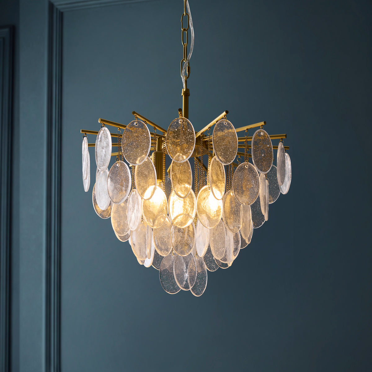 Endon Loretta 3 Light Pendant - Brushed Aged Brass Plate & Clear Bubble Glass