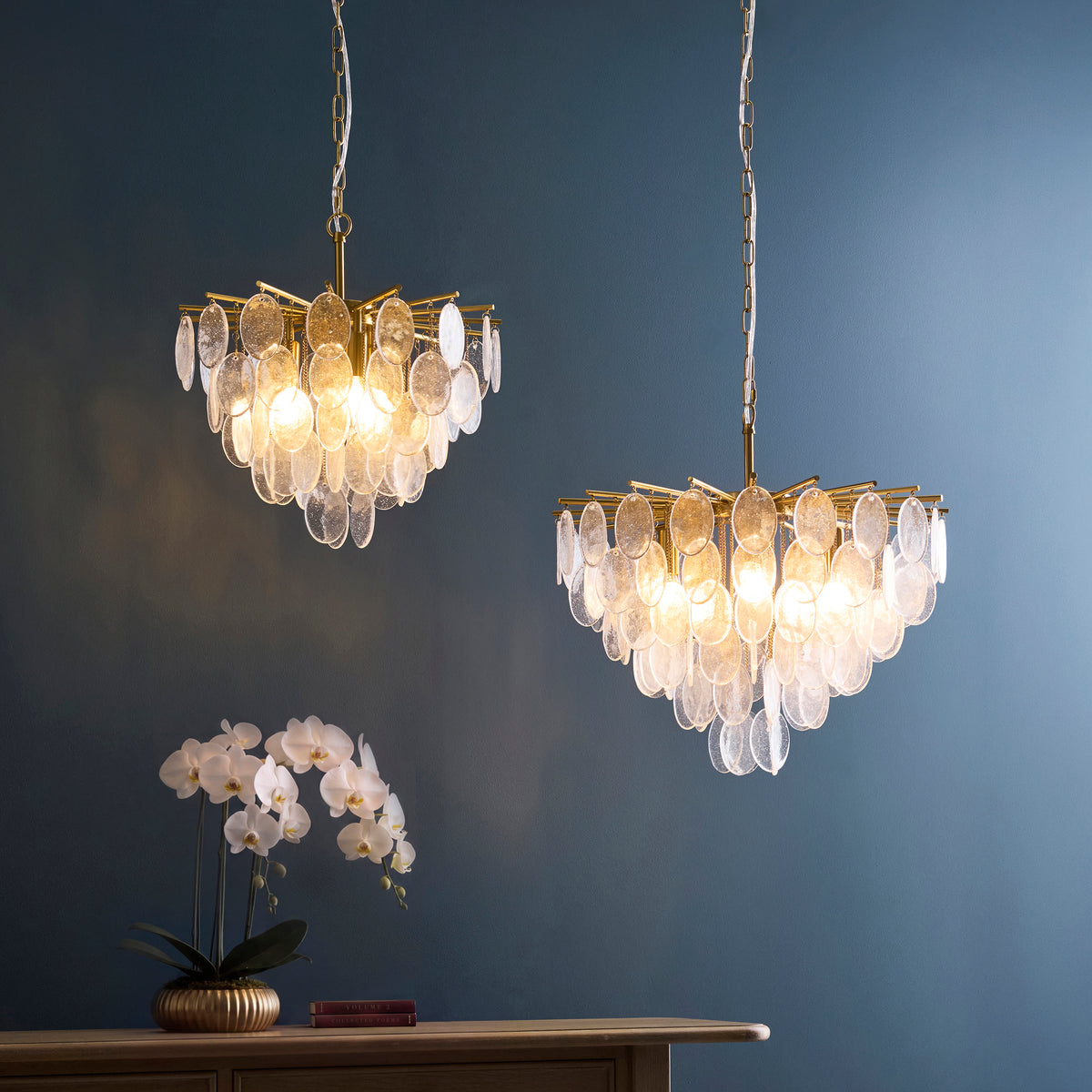 Endon Loretta 3 Light Pendant - Brushed Aged Brass Plate & Clear Bubble Glass