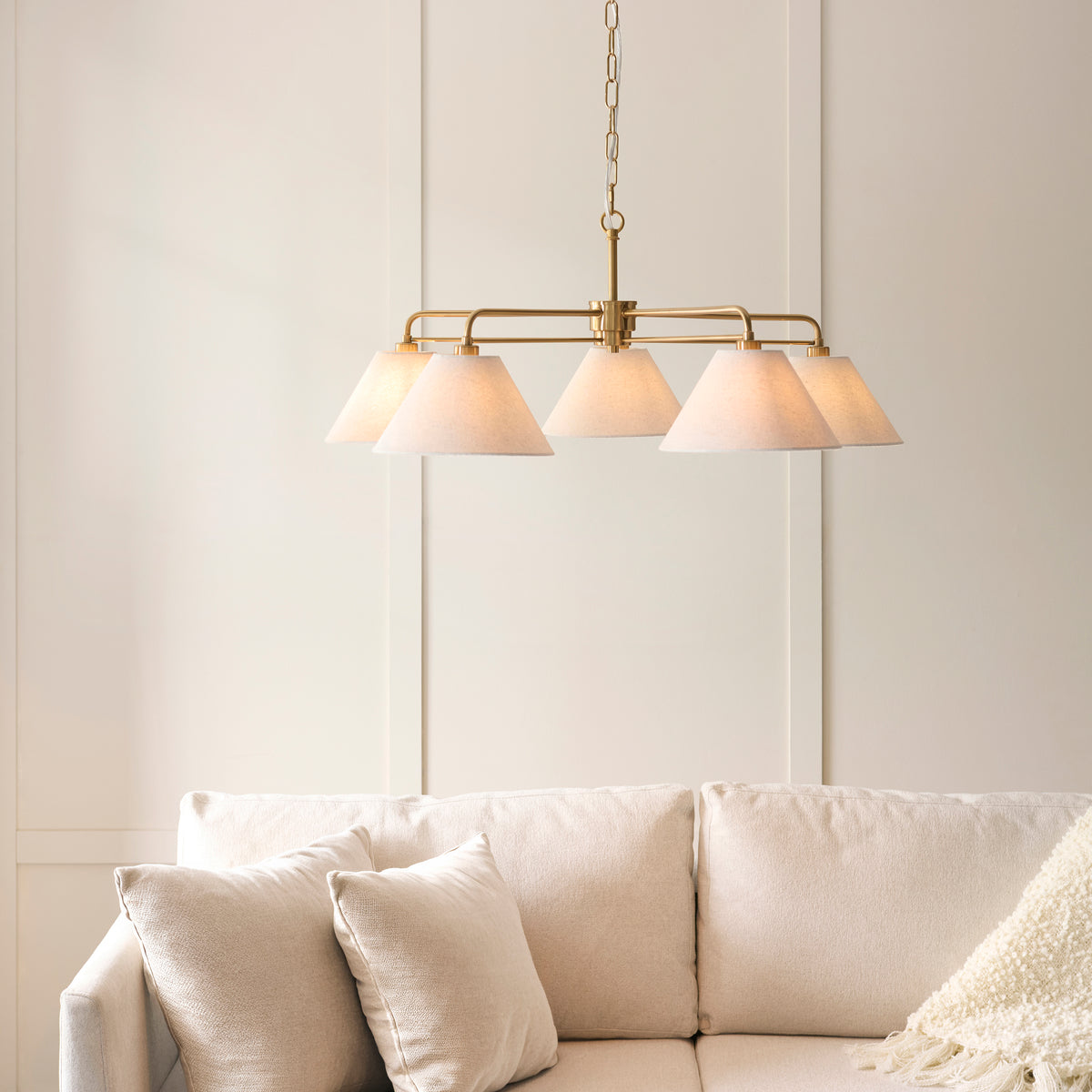 Endon Wallbridge 5 Light Pendant - Brushed Aged Brass Plate & Natural Linen