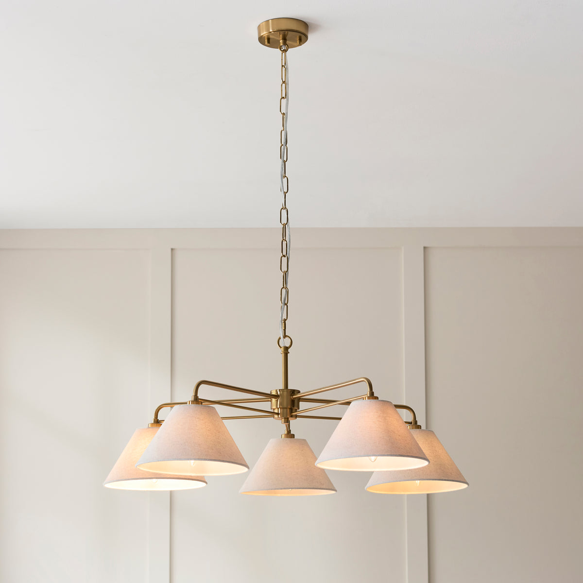 Endon Wallbridge 5 Light Pendant - Brushed Aged Brass Plate & Natural Linen