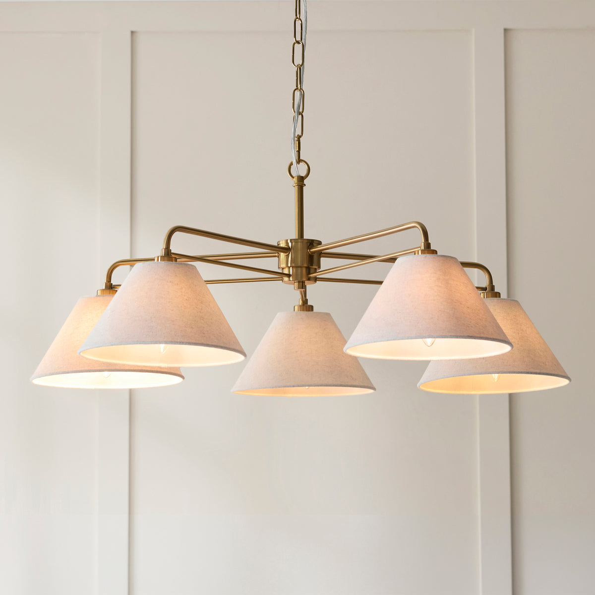 Endon Wallbridge 5 Light Pendant - Brushed Aged Brass Plate & Natural Linen