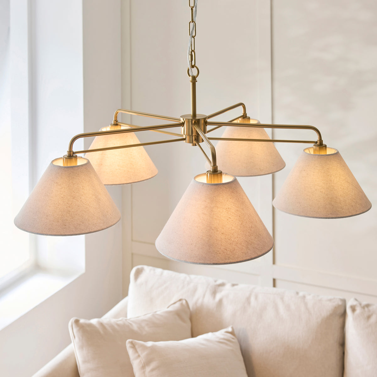 Endon Wallbridge 5 Light Pendant - Brushed Aged Brass Plate & Natural Linen