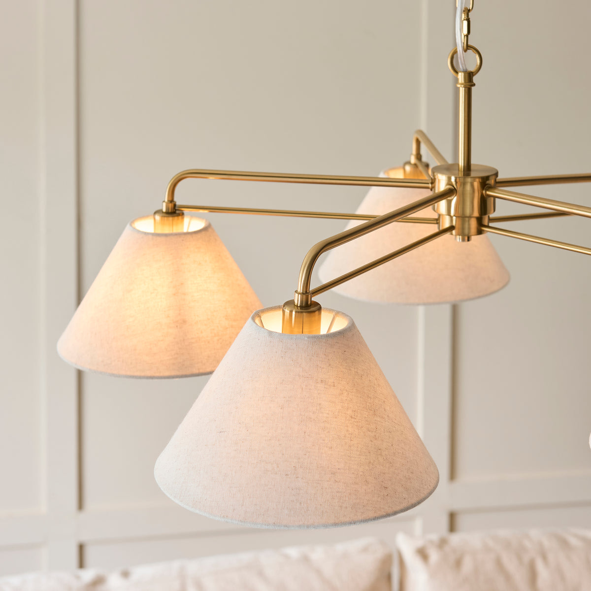 Endon Wallbridge 5 Light Pendant - Brushed Aged Brass Plate & Natural Linen
