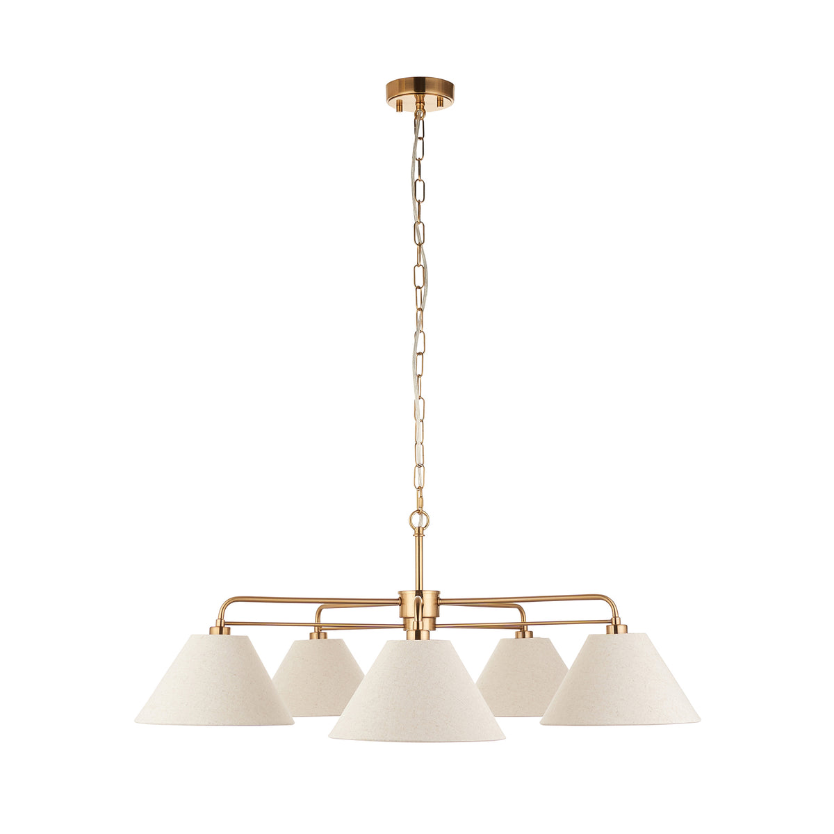 Endon Wallbridge 5 Light Pendant - Brushed Aged Brass Plate & Natural Linen