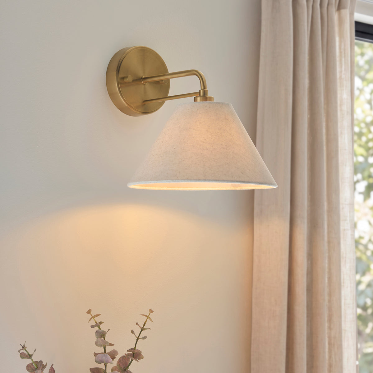 Endon Wallbridge Wall Light - Brushed Aged Brass Plate & Natural Linen
