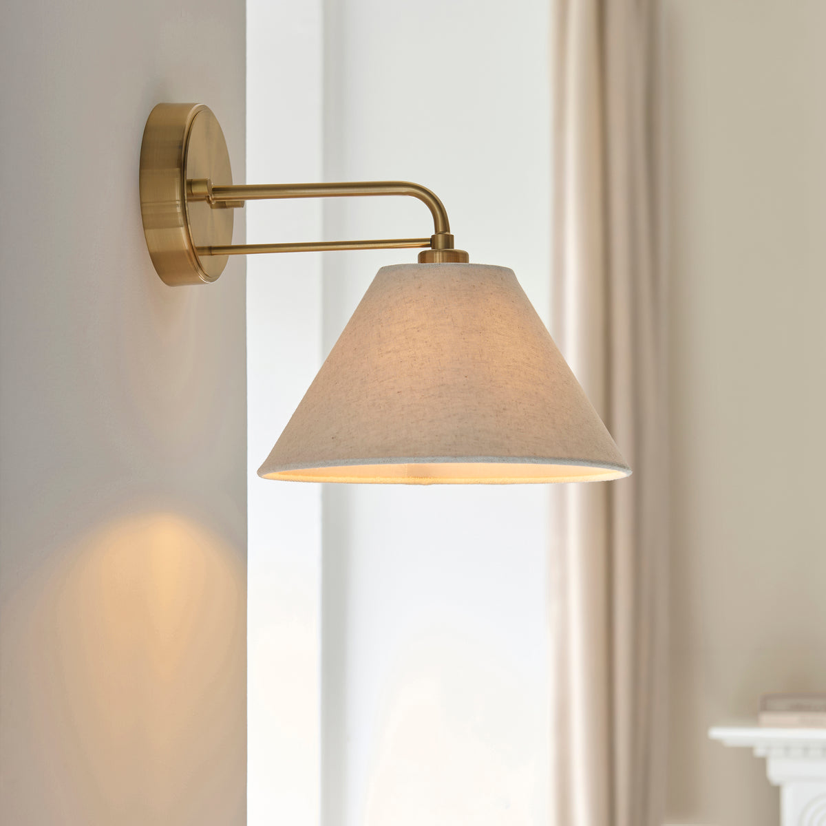 Endon Wallbridge Wall Light - Brushed Aged Brass Plate & Natural Linen
