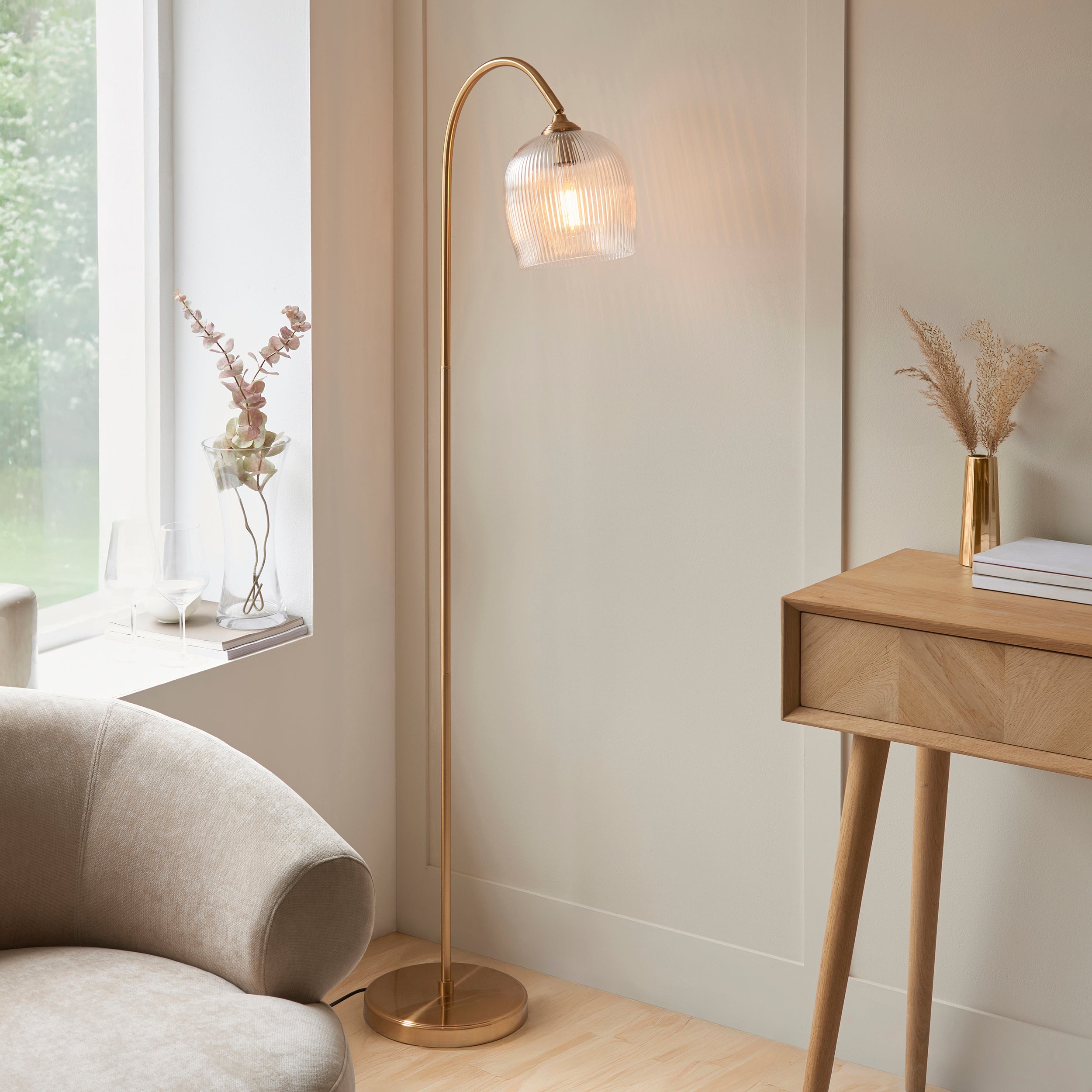 Endon Ashcroft Ribbed Floor - Brushed Aged Brass Plate & Clear Ribbed Glass