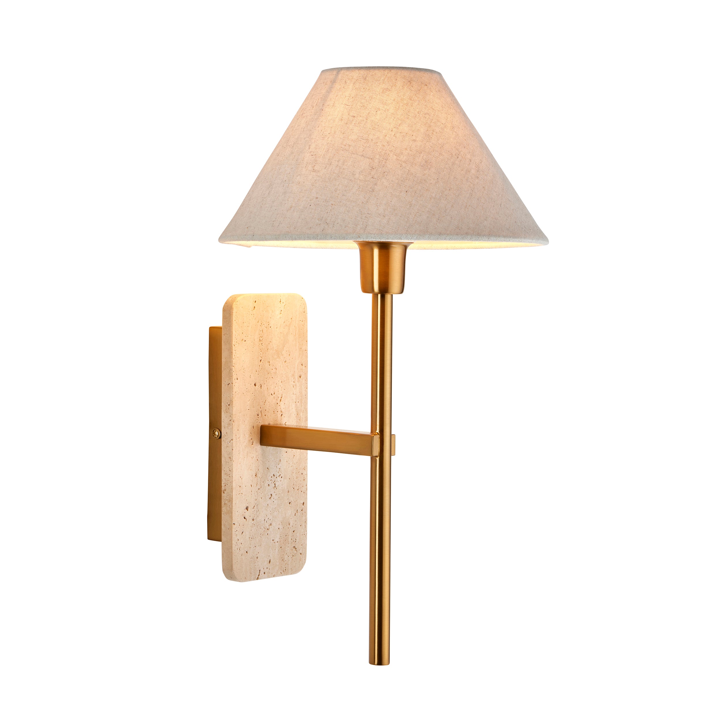 Endon Faro Wall Light -  Natural Travertine & Vintage Brass With Natural Linen