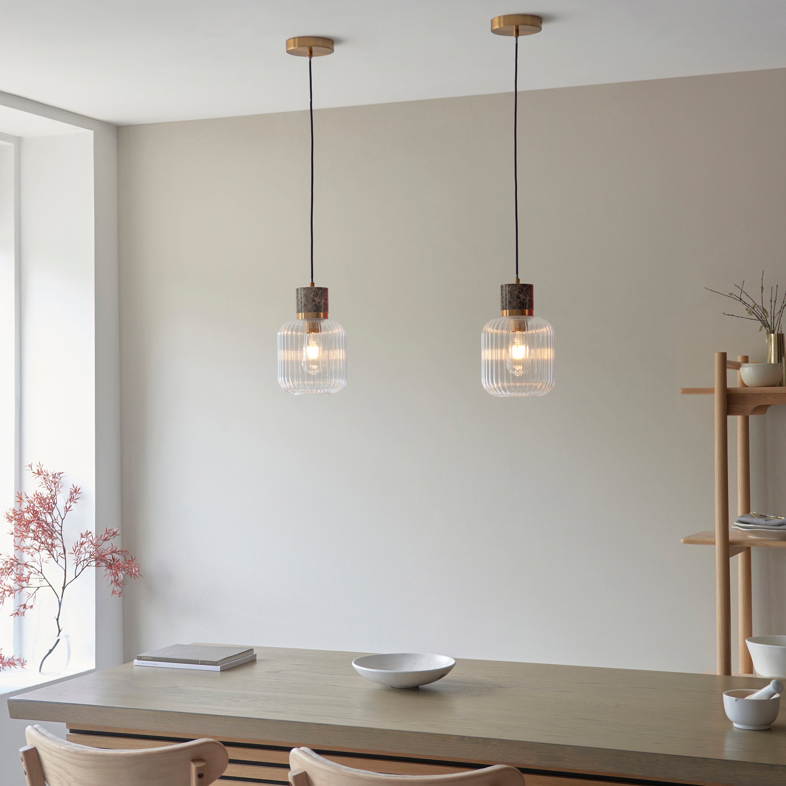 Endon Travi Ribbed Pendant - Dark Brown Emperador Marble, Vintage Brass & Clear Ribbed Glass