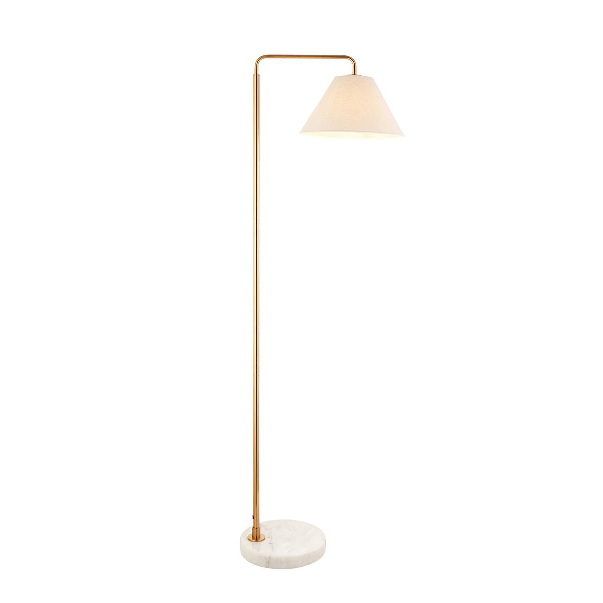 Endon Wallbridge floor light in brushed aged brass with a white marble base and pleated natural faux linen shade shown lit as a plain product shot on a white background