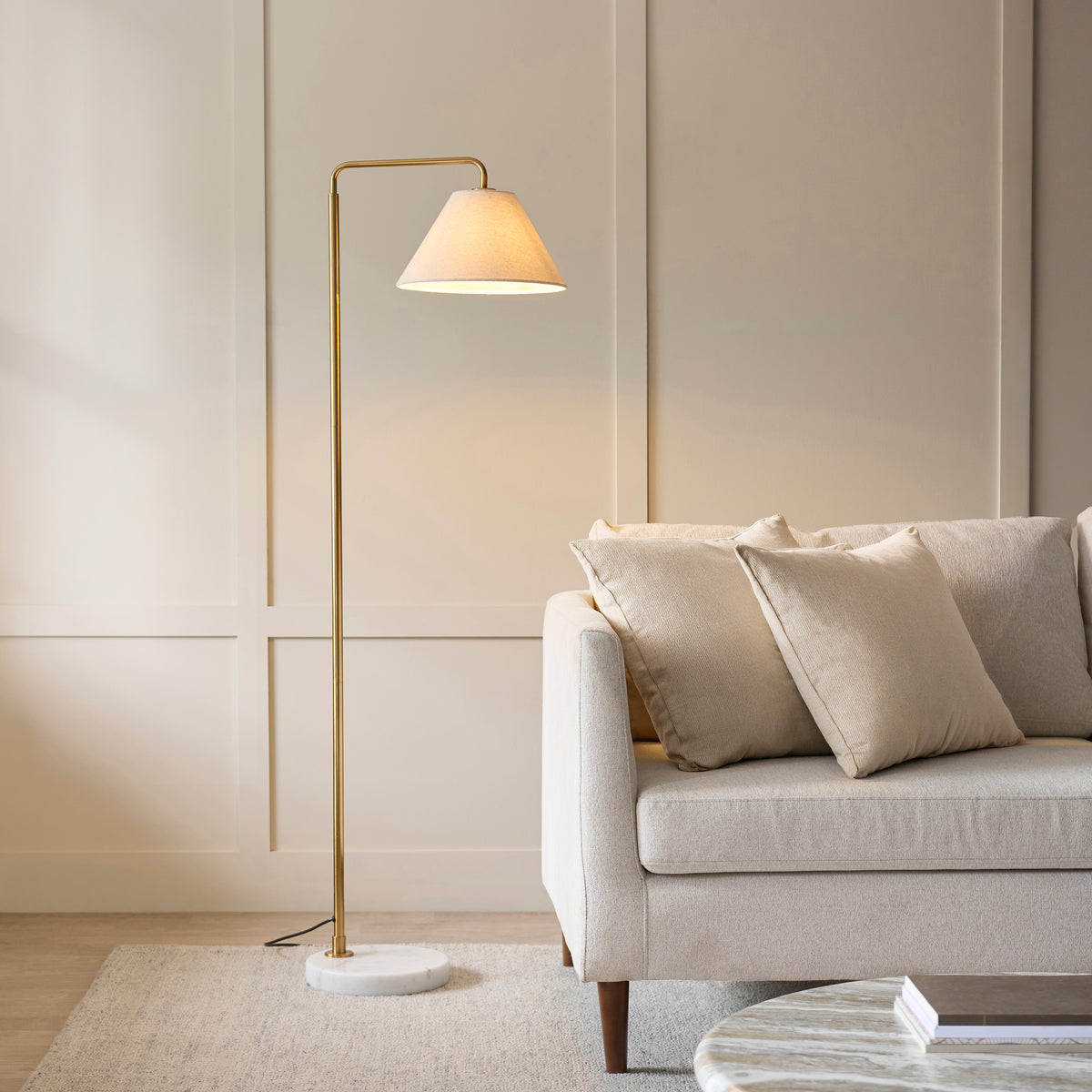 Endon Wallbridge Floor Light - Brushed Aged Brass Plate, White Marble & Natural Faux Linen