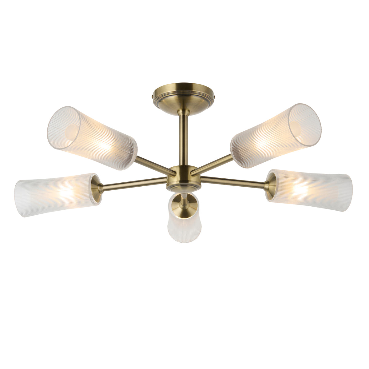 Endon Avelyn 5 Light Semi Flush - Antique Brass Plate & Clear Ribbed Glass