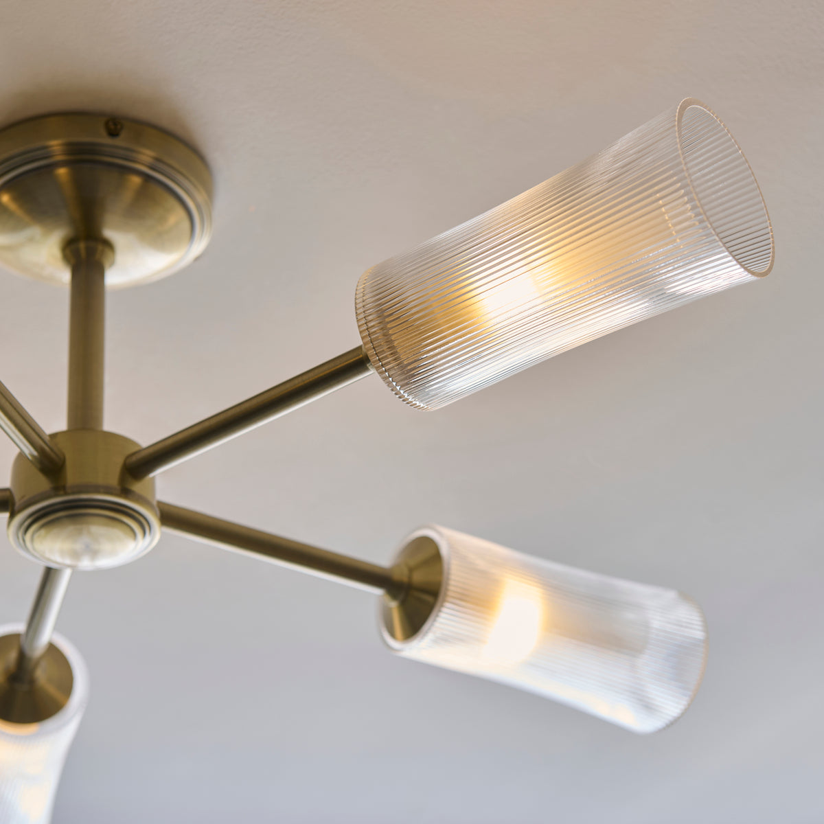 Endon Avelyn 5 Light Semi Flush - Antique Brass Plate & Clear Ribbed Glass