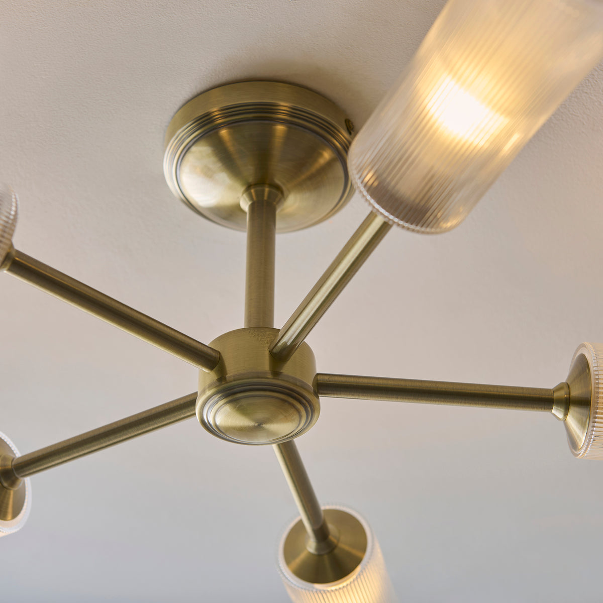 Endon Avelyn 5 Light Semi Flush - Antique Brass Plate & Clear Ribbed Glass