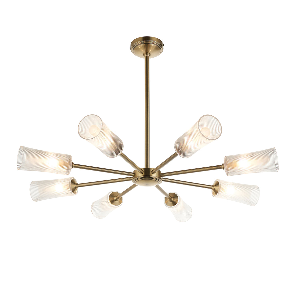 Endon Avelyn 8 Light Pendant - Antique Brass Plate & Clear Ribbed Glass