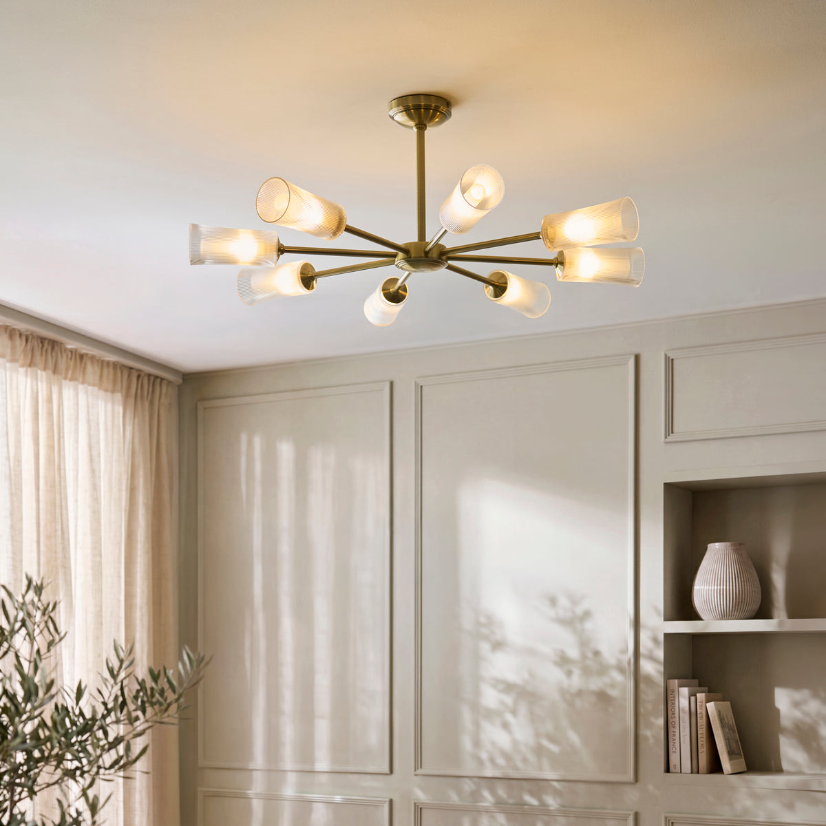 Endon Avelyn 8 Light Pendant - Antique Brass Plate & Clear Ribbed Glass