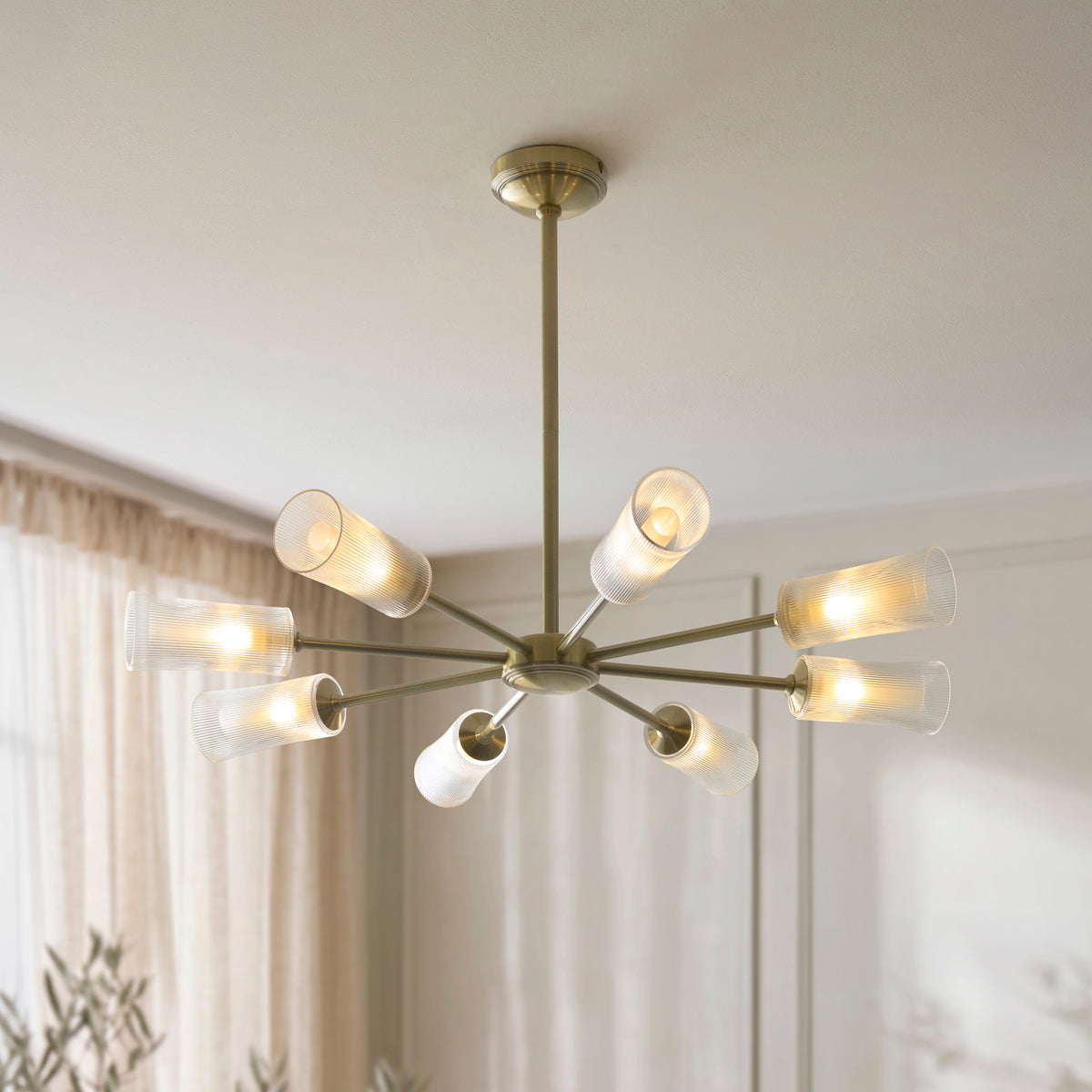 Endon Avelyn 8 Light Pendant - Antique Brass Plate & Clear Ribbed Glass
