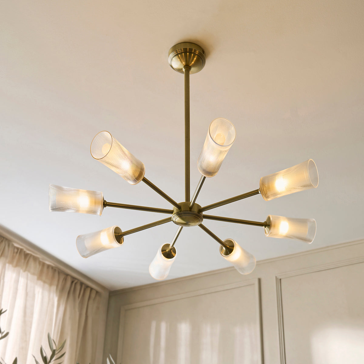 Endon Avelyn 8 Light Pendant - Antique Brass Plate & Clear Ribbed Glass