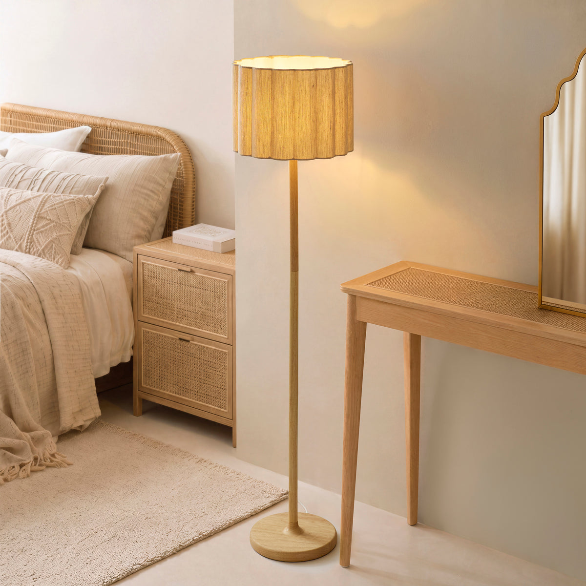 Endon Olson Floor Light - Oak Stained Wood & Natural Fabric