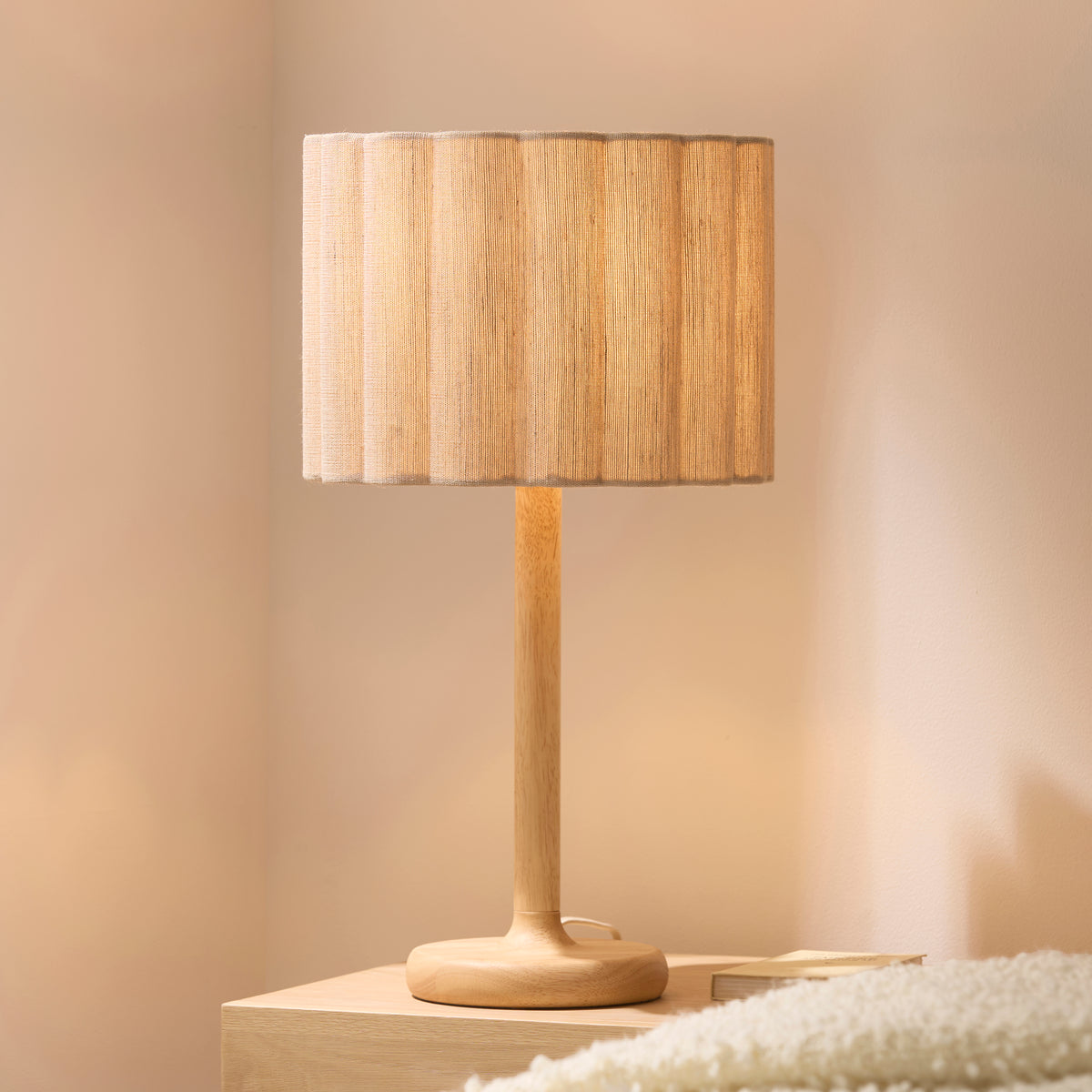 Endon Olson Table Light - Oak Stained Wood & Natural Fabric