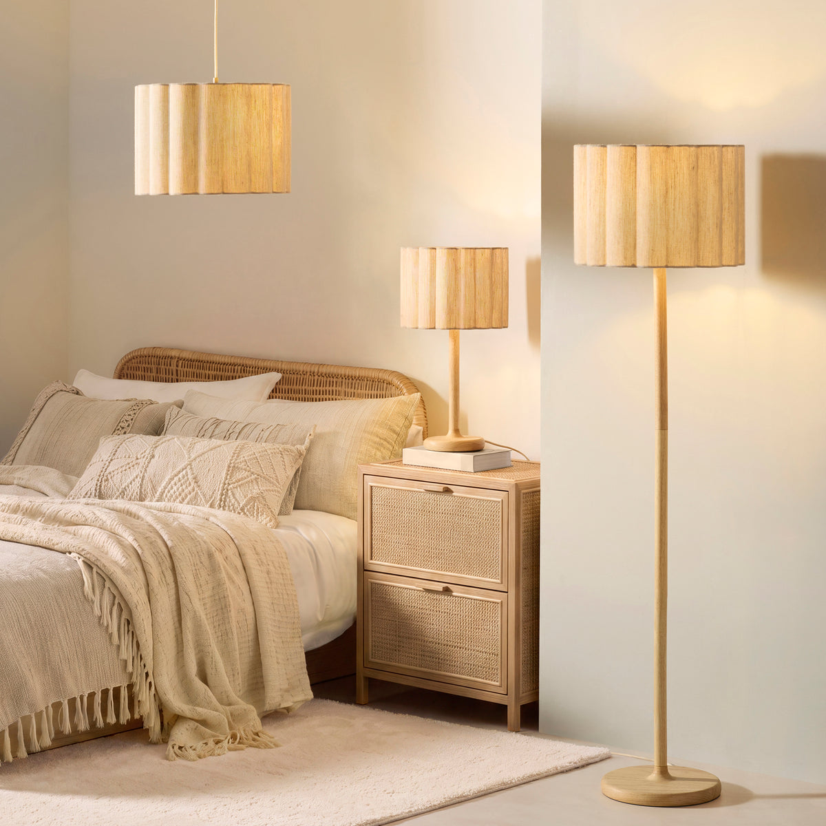 Endon Olson Table Light - Oak Stained Wood & Natural Fabric