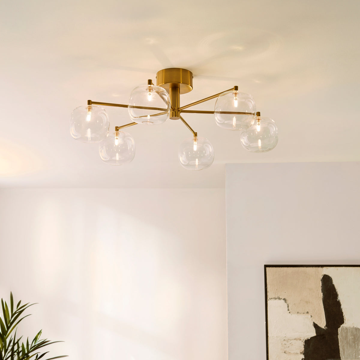 Endon Oslo 6 Light Semi Flush - Brushed Aged Brass Plate & Clear Glass