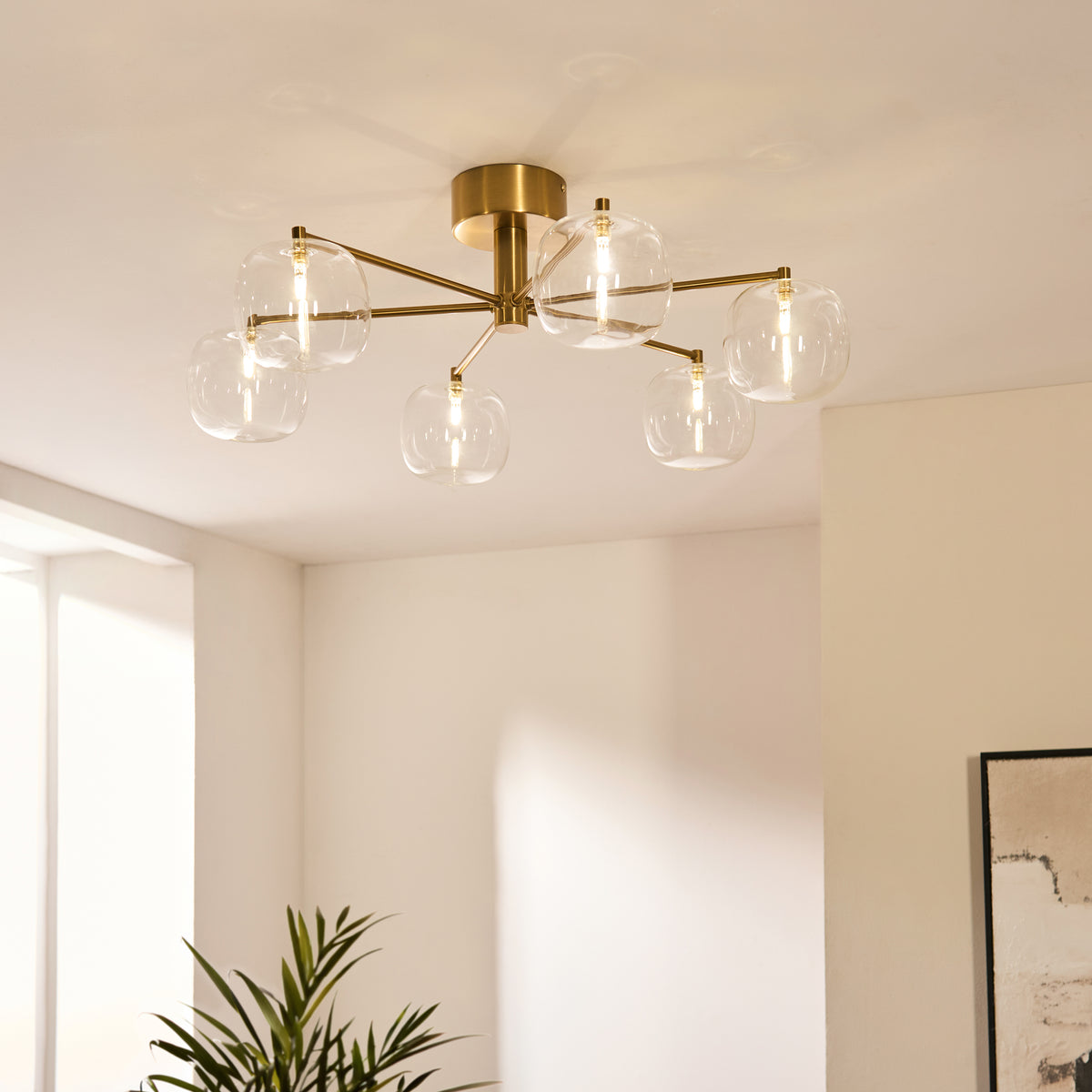 Endon Oslo 6 Light Semi Flush - Brushed Aged Brass Plate & Clear Glass